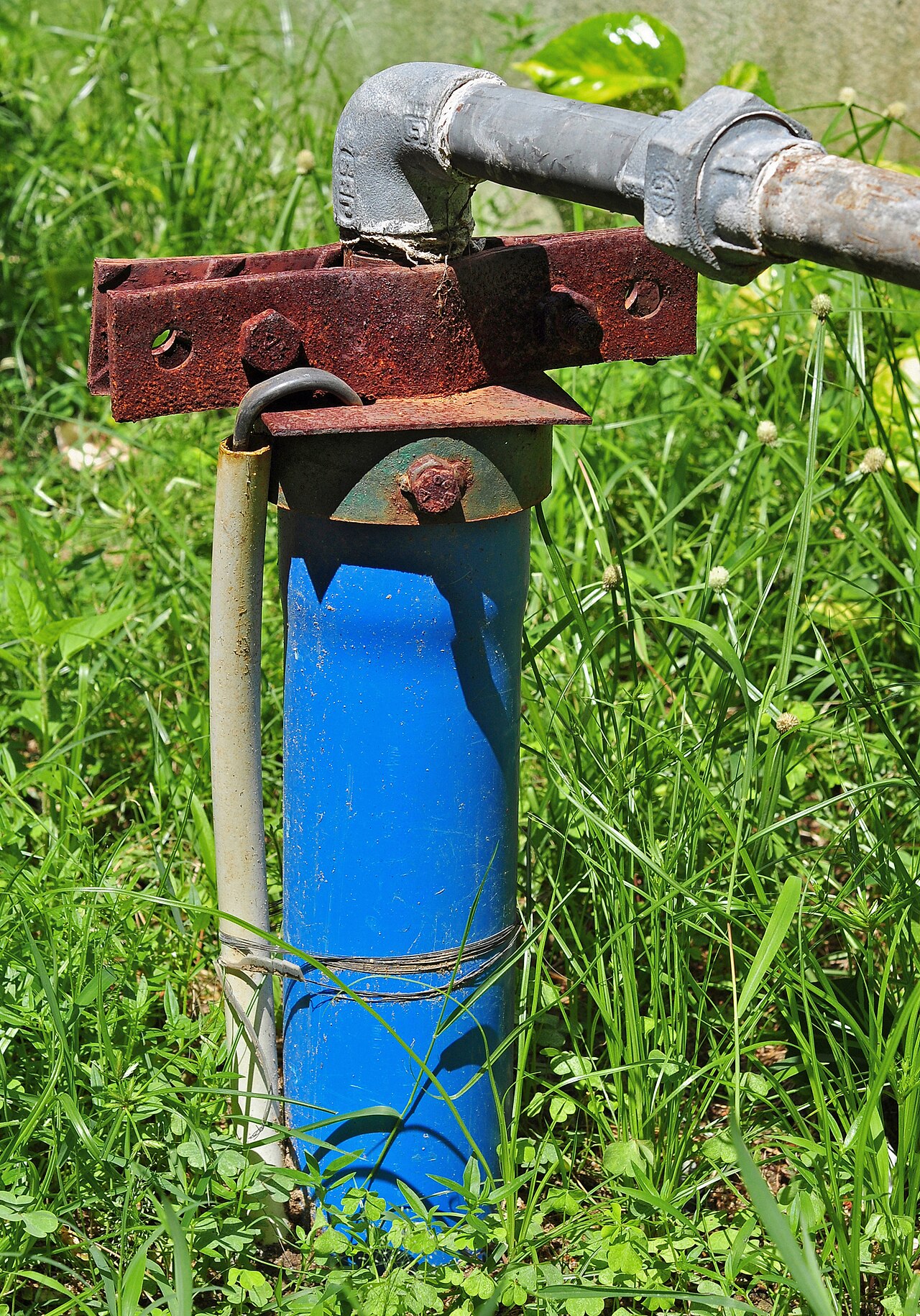 A borehole head with a blue casing and pipe fitting in a grassy yard