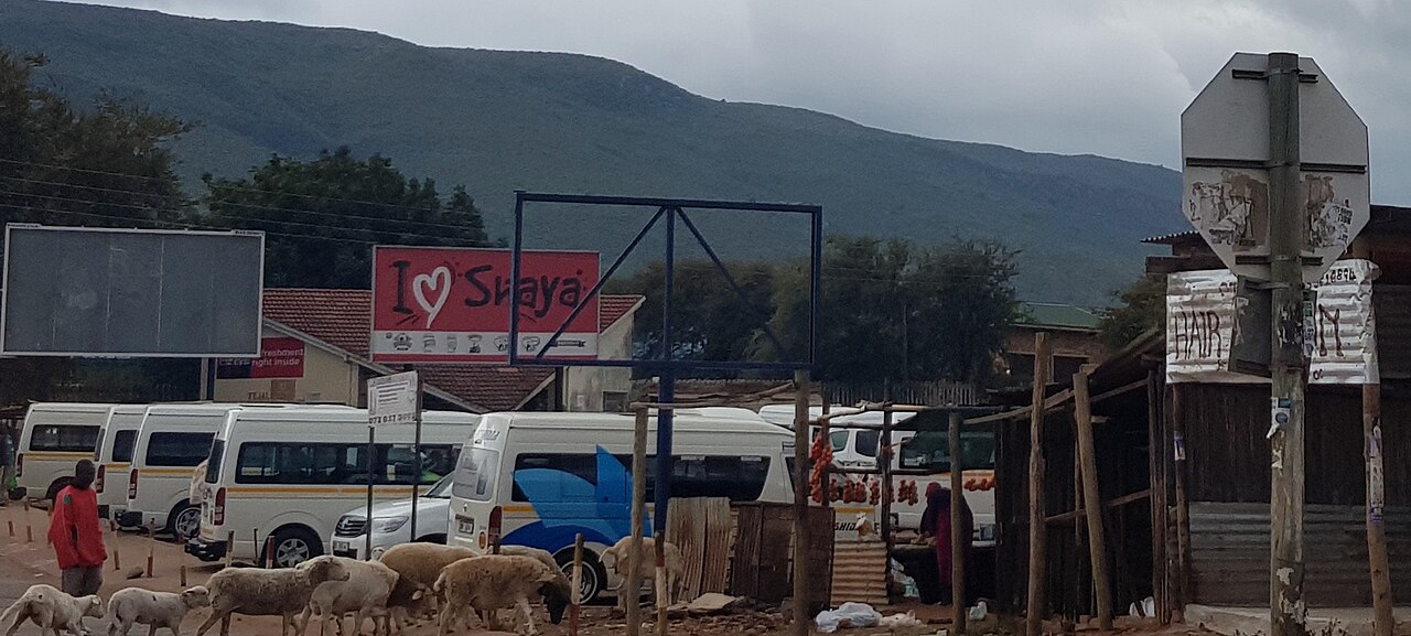 Row of white minibus taxis parked at a rural taxi rank in South Africa