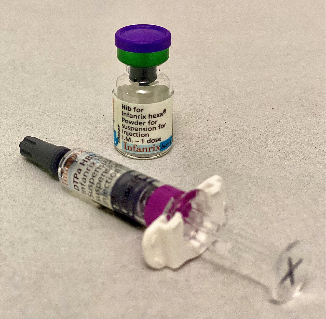 Box and syringe of Infanrix Hexa, a six-in-one childhood vaccine that includes diphtheria protection